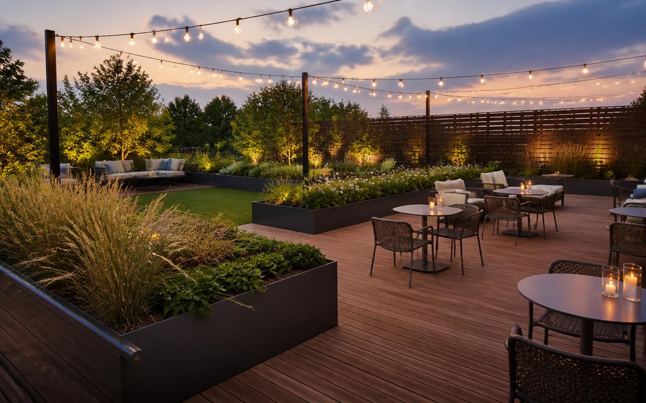 Concept rendering of a green rooftop space with planters, lounge seating and privacy screening